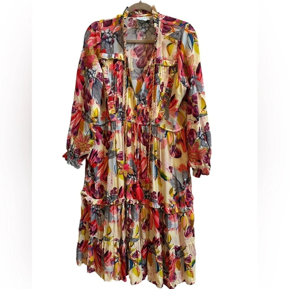 TAJ by Sabrina Crippa Baxeda Dress Fig & Florals Embroidered‎ Tiered Sz Medium - Picture 4 of 11